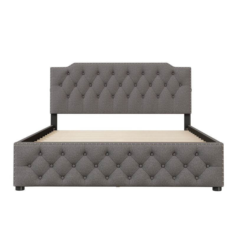 Upholstered Platform Bed With 2 Drawers And 2 Sets Of USB Ports On Each Side, Linen Fabric