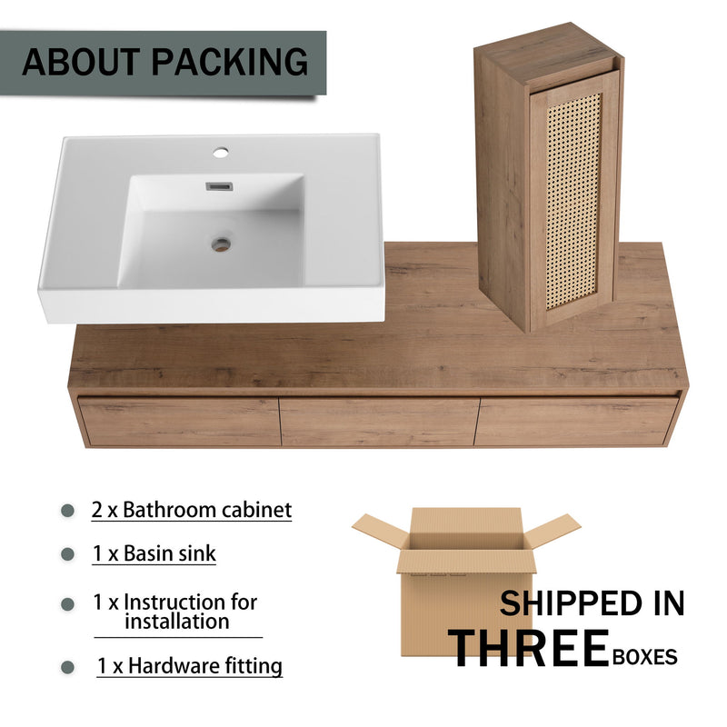 Modern Imitative Wall Mounted Bathroom Vanity With Resin Sink And Side Cabinet