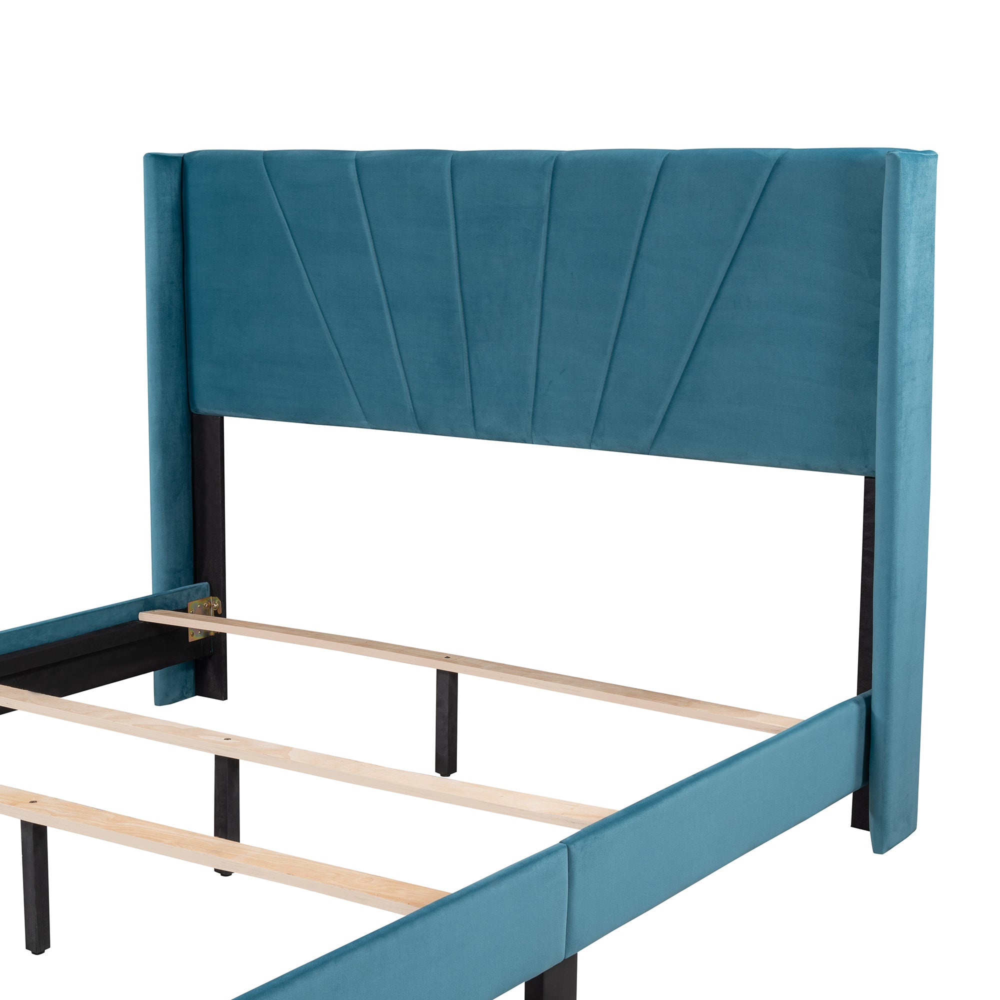 Queen Size Velvet Upholstered Platform Bed, Box Spring Needed - Blue - Atlantic Fine Furniture Melbourne FL