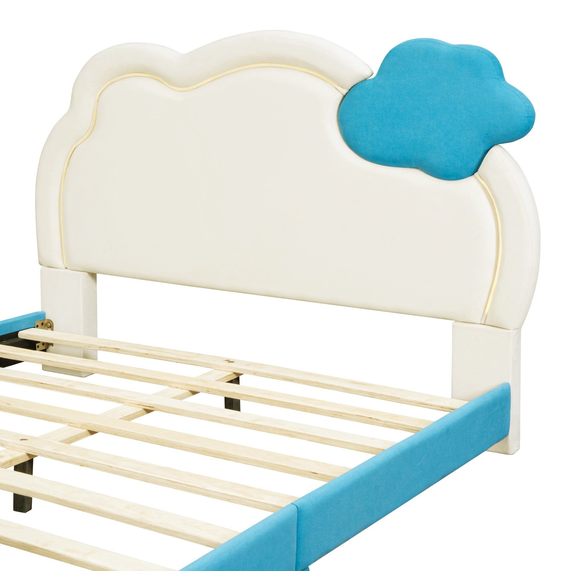 Full Size Upholstered Platform Bed with Cloud-Shaped Headboard and Embedded Light Stripe, Velvet, Blue - Atlantic Fine Furniture Melbourne FL