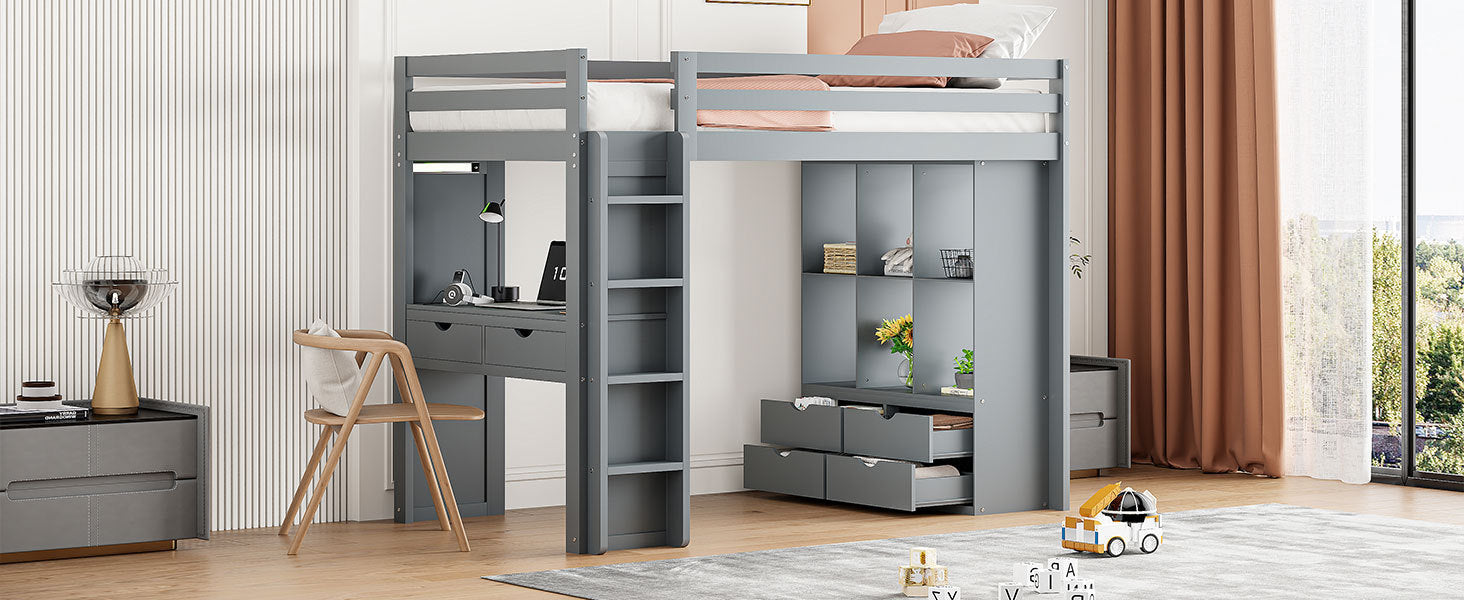 Twin Size Loft Bed with large shelves, writing desk and LED Light, Gray - Atlantic Fine Furniture Melbourne FL
