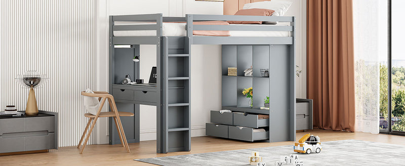 Twin Size Loft Bed with large shelves, writing desk and LED Light, Gray