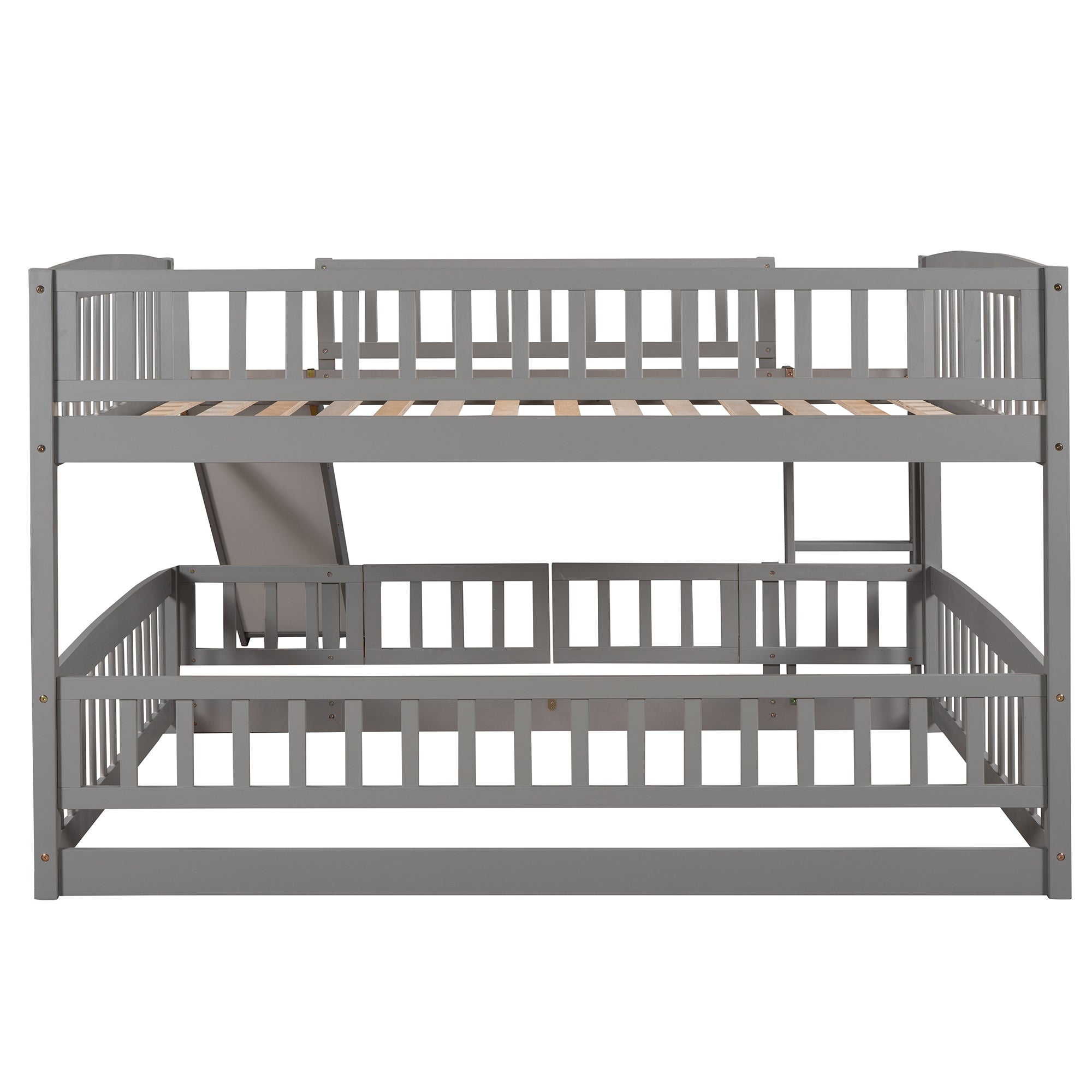 Bunk Bed with Slide,Full Over Full Low Bunk Bed with Fence and Ladder for Toddler Kids Teens Gray - Atlantic Fine Furniture Melbourne FL