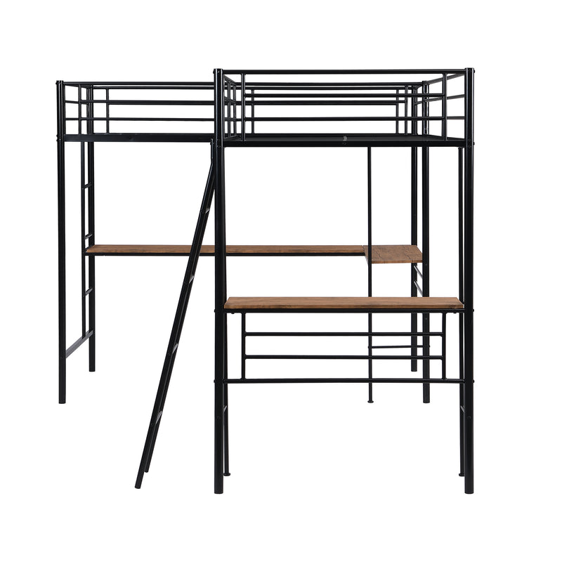 Twin Size Metal Loft Bed with Two Built-in Desks,Black