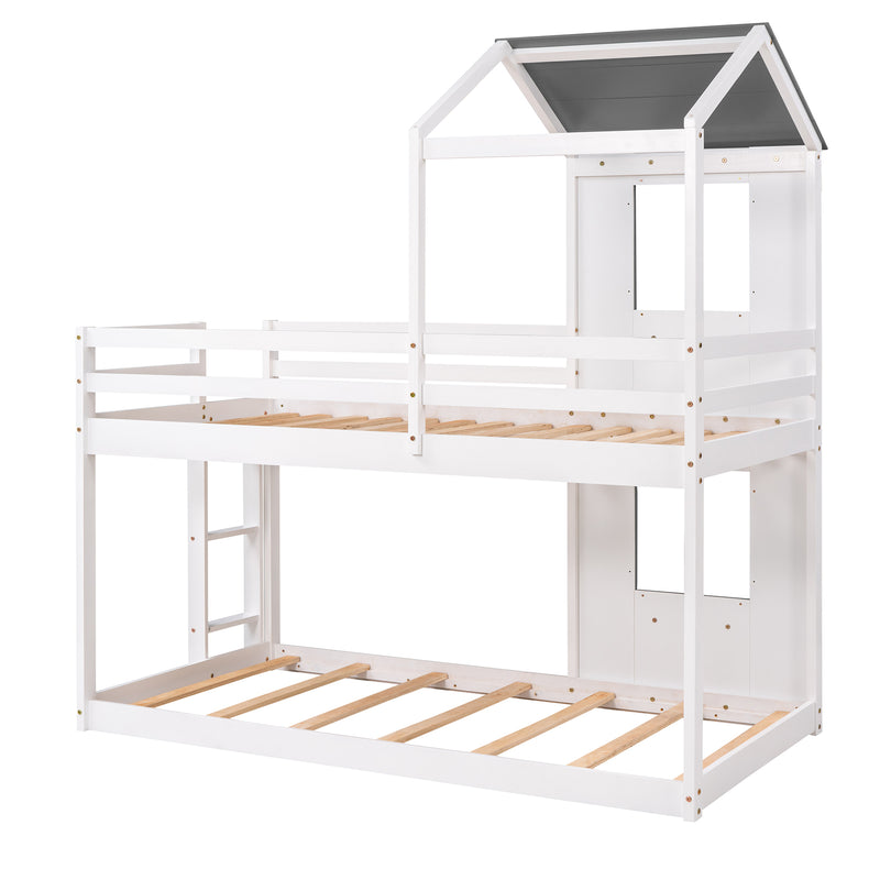 Twin Over Twin Bunk Bed Wood Bed with Roof, Window, Guardrail, Ladder (White)(OLD SKU :LP000056AAK)