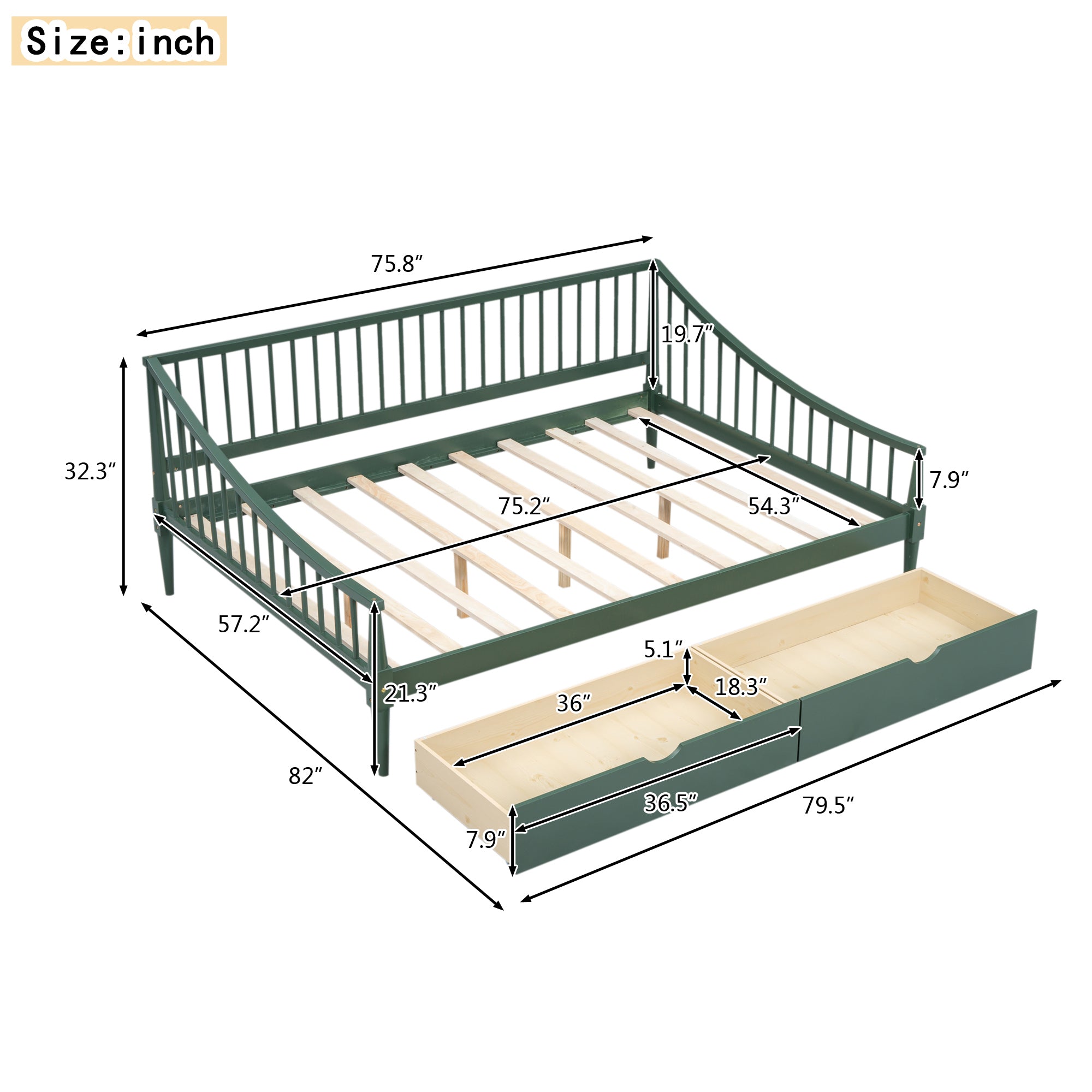 Full Size Daybed with Two Storage Drawers and Support Legs, Green - Atlantic Fine Furniture Melbourne FL