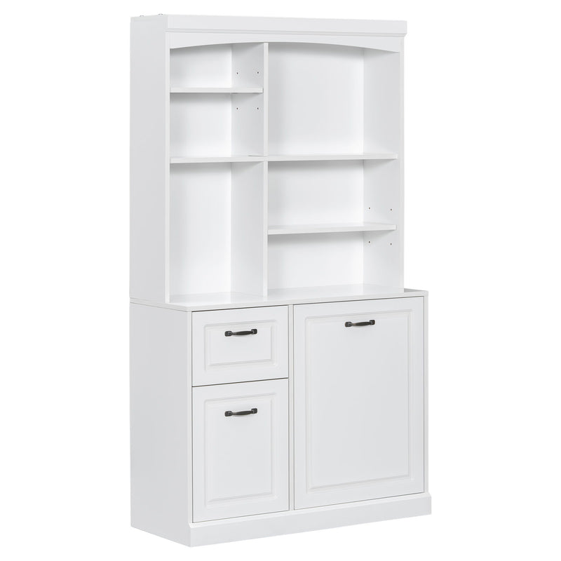 Bathroom Storage Cabinet With Tilt Out Hamper, Tall Free Standing Organizer With Drawers & Adjustable Shelves, Linen Tower With Steel Handles - White