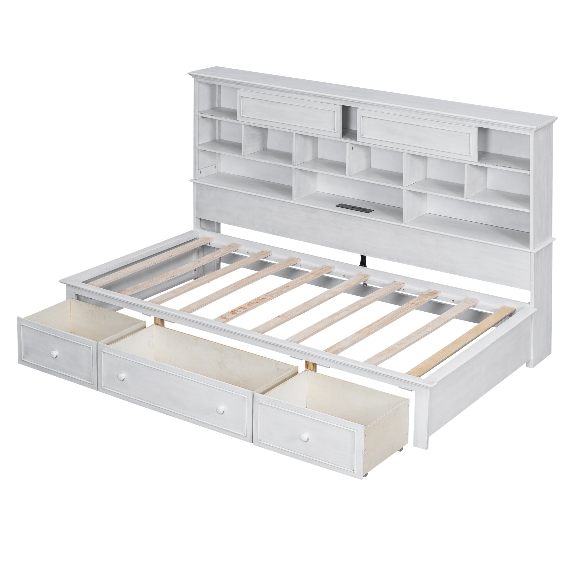 Twin Size Wood Daybed with Multi-Storage Shelves, Charging Station and 3 Drawers, Antique White - Atlantic Fine Furniture Melbourne FL