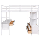 Full Size Loft Bed with Built-in Desk with Two Drawers, and Storage Shelves and Drawers,White