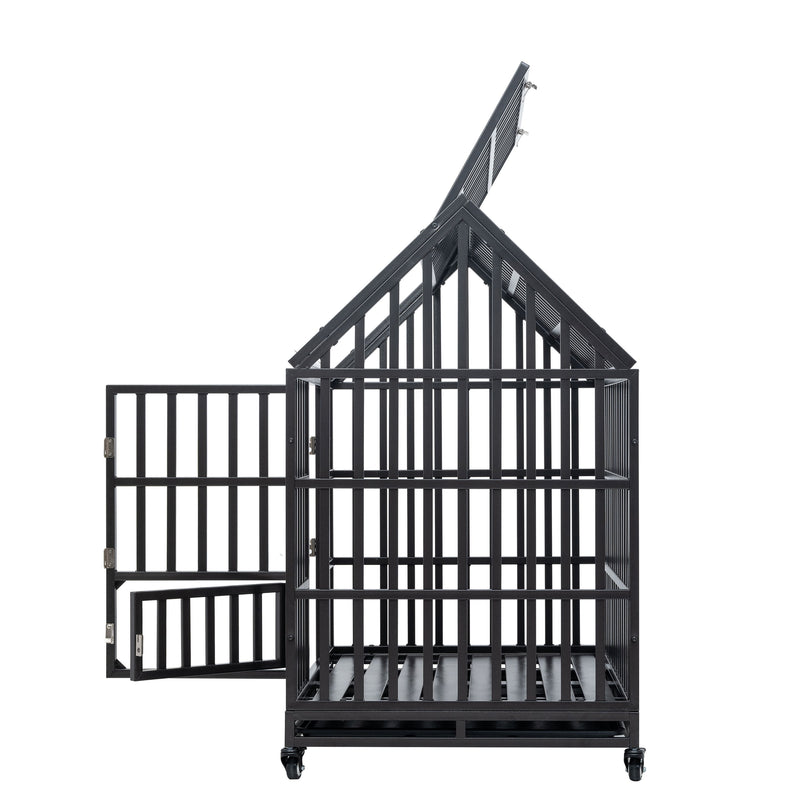 Heavy Duty Dog Cage Pet Crate With Roof & Window On Roof - Black