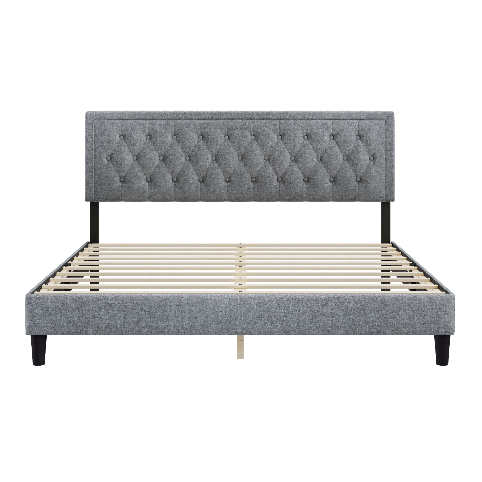 King size Panel Bed Frame with Adjustable Button-Tufted Headboard for Bedroom/Linen Upholstered/Wood Slat Support/Easy Assembly,Light Grey