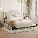 Queen Size  Velvet Storage Platform Bed, with 2 Big Drawers, Twin XL Size Trundle and LED Light, Beige