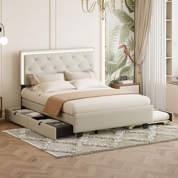 Queen Size  Velvet Storage Platform Bed, with 2 Big Drawers, Twin XL Size Trundle and LED Light, Beige