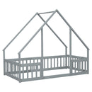 Wood House-Shaped Floor Bed With Fence, Guardrails