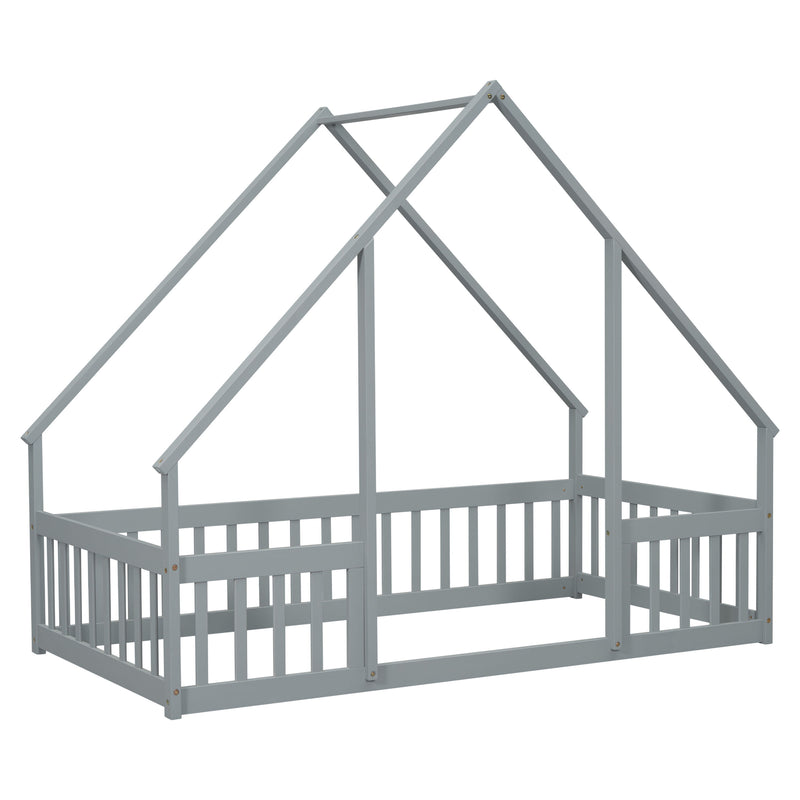 Wood House-Shaped Floor Bed With Fence, Guardrails