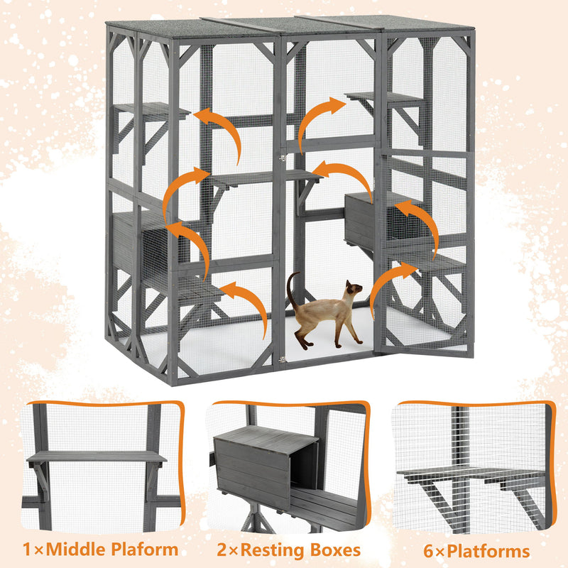 Outdoor Cat House Wooden Catio Enclosure With Cover - Large Cat Cage With Jump Platforms And Condos, Weatherproof - Gray