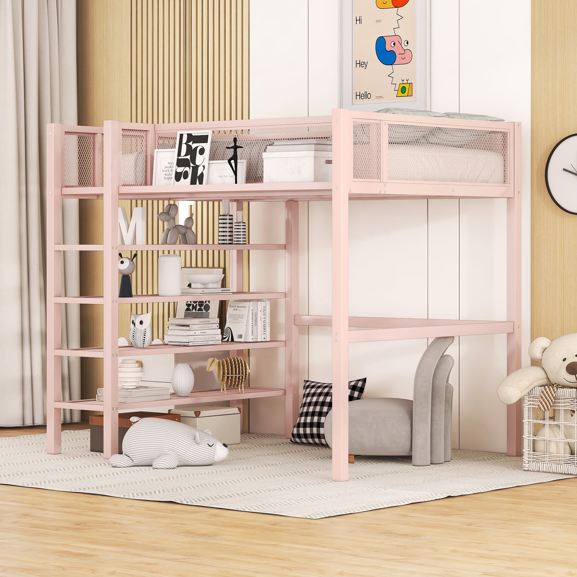 Twin Size Metal Loft Bed with 4-Tier Shelves and Storage, Pink - Atlantic Fine Furniture Melbourne FL