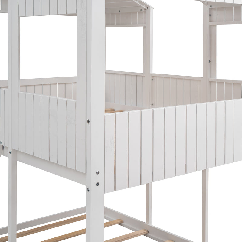 Full Over Full WoodBunk Bed with Roof, Window, Guardrail, Ladder(White)( old sku: LT000031AAK )