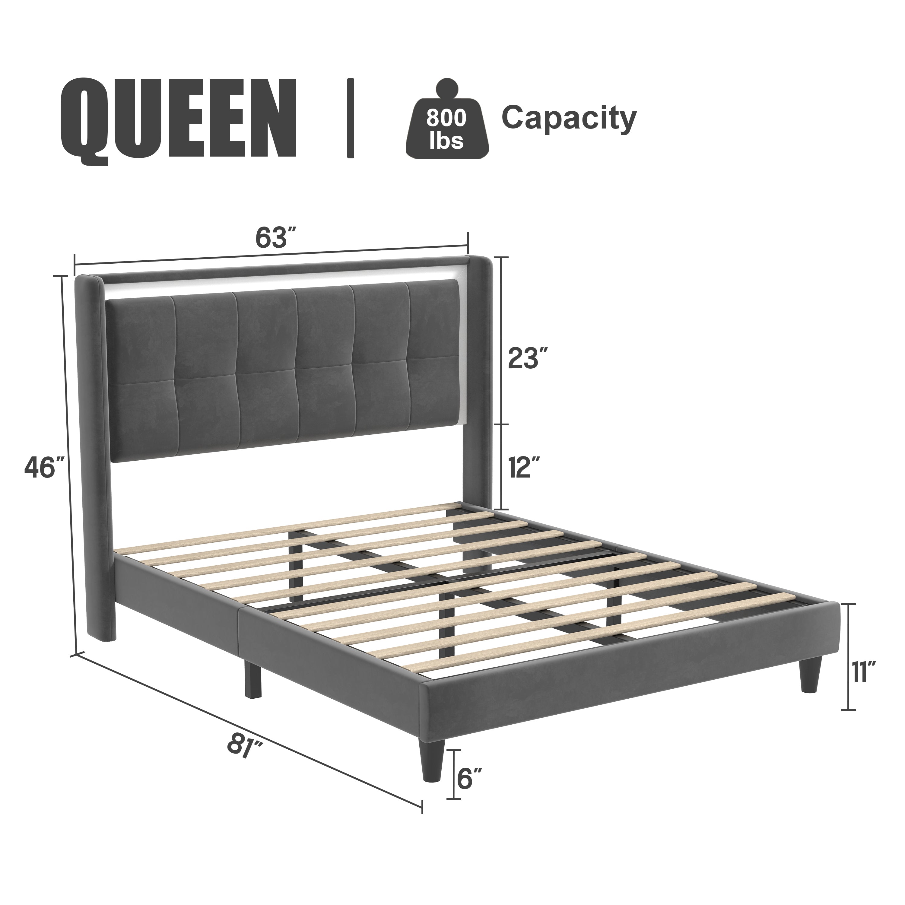 Queen Size Upholstered platform bed frame with headboard and sturdy wooden slats, high load-bearing capacity, non-slip and noiseless, no springs required, easy to assemble, dark gray bed - Atlantic Fine Furniture Melbourne FL
