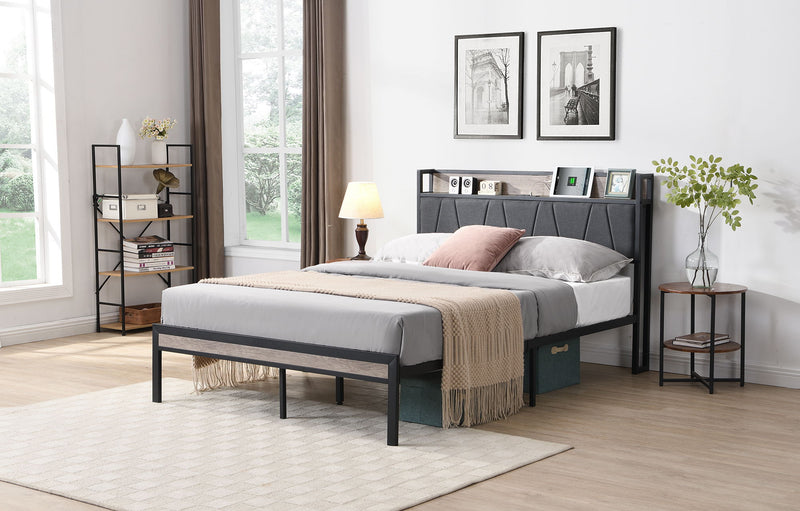 Metal Platform Bed Frame With Upholsteryolstery Storage Function Headboard And USB Liner And Footboard With Drawers, No Box Spring Needed, Large Under Bed Storage