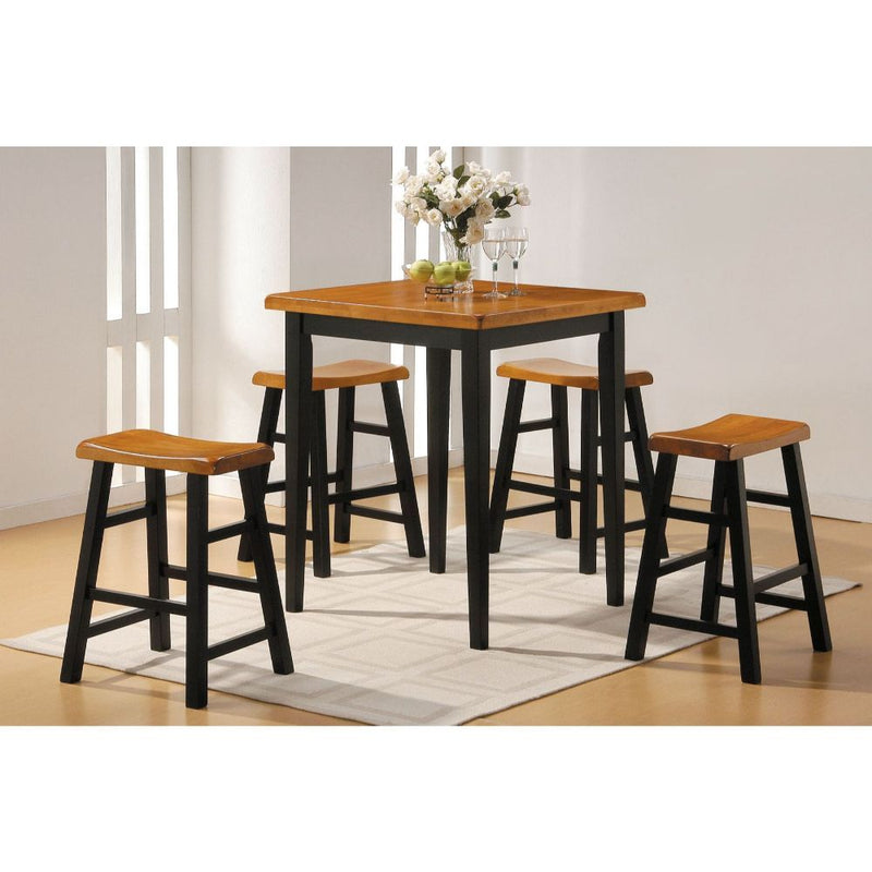 The Gaucho Counter Height Dining Set offers simplicity with a versatility perfect for any small dining space. This set boasts an space saving design, square leg table and four matching saddle style stools. The Table features a Solid Top and square legs.