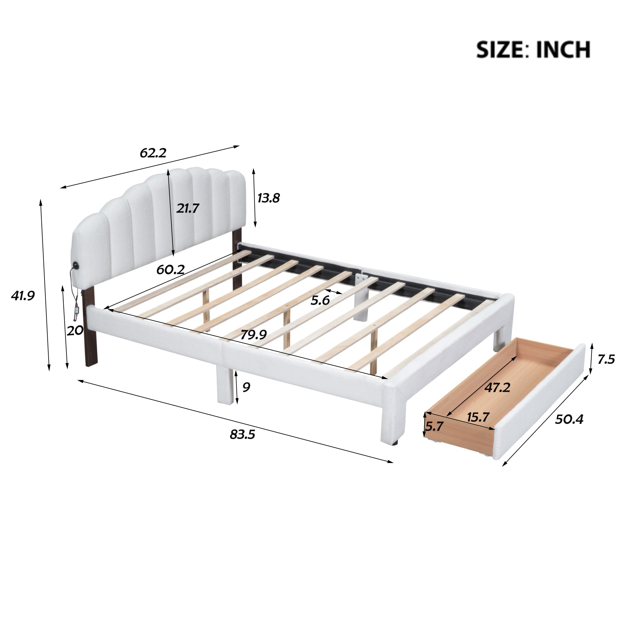Teddy Fleece Queen Size Upholstered Platform Bed with Drawer, White - Atlantic Fine Furniture Melbourne FL