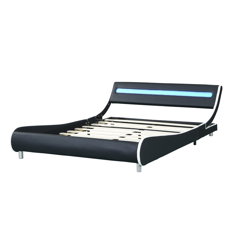 Faux Leather Upholstered Platform Bed Frame with led lighting , Curve Design, Wood Slat Support, No Box Spring Needed, Easy Assemble, Queen Size, Black and White