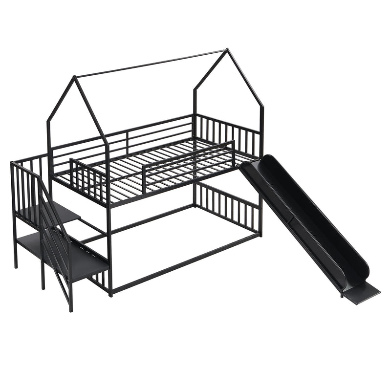 Twin Over Twin Metal Bunk Bed House Bed With Slide And Staircase