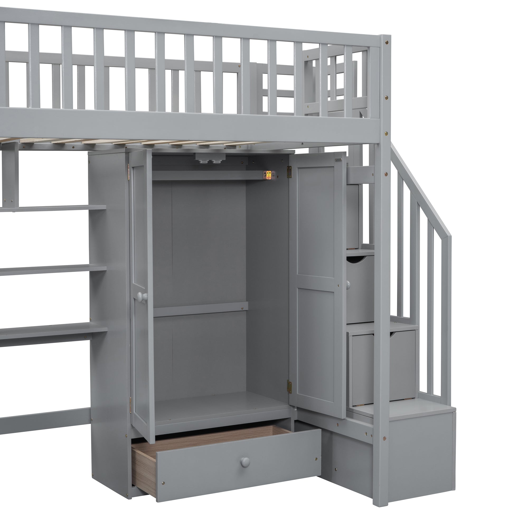 Twin size Loft Bed with Bookshelf,Drawers,Desk,and Wardrobe-Gray - Atlantic Fine Furniture Melbourne FL
