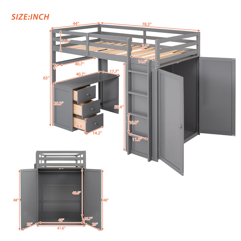 Twin size Loft Bed with Drawers,Desk,and Wardrobe-Gray