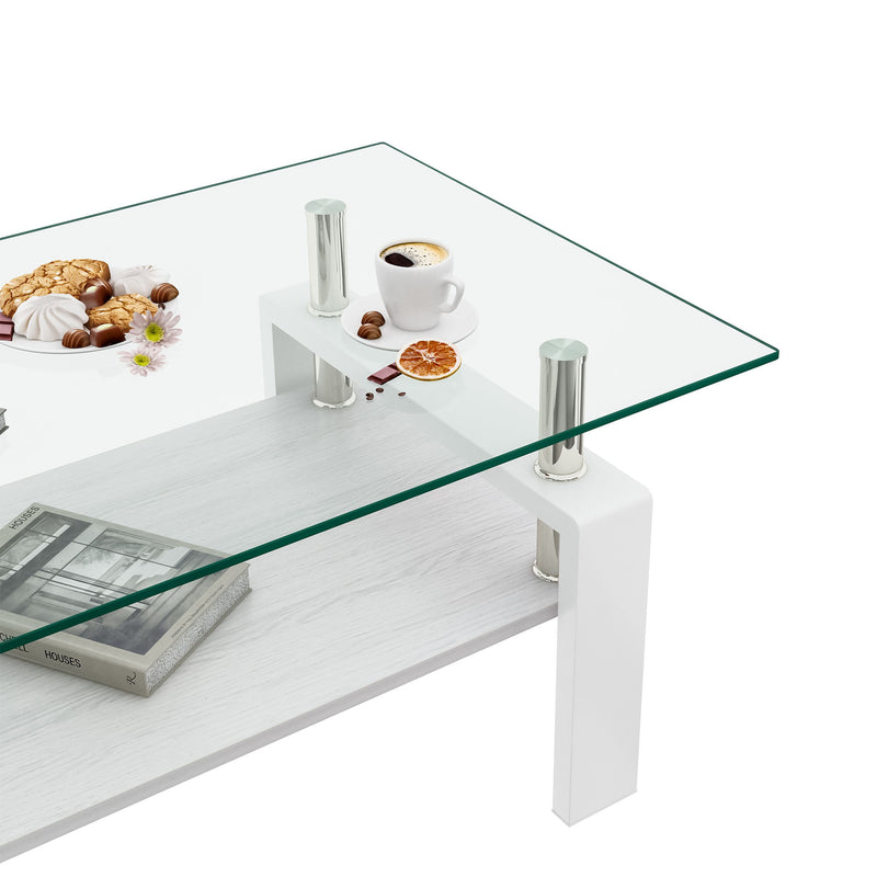 Modern Rectangular Coffee Table With Tempered Transparent Glass Top And Storage Shelf