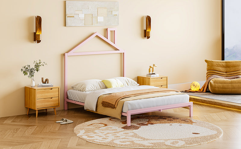 Full Size Metal Platform Bed with House-Shaped Headboard Design, Pink