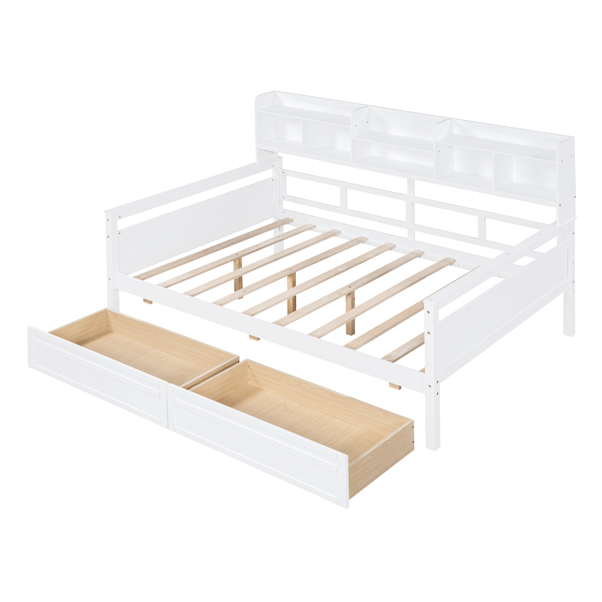 Full size Daybed, Wood Slat Support, with Bedside Shelf and Two Drawers, White - Atlantic Fine Furniture Melbourne FL