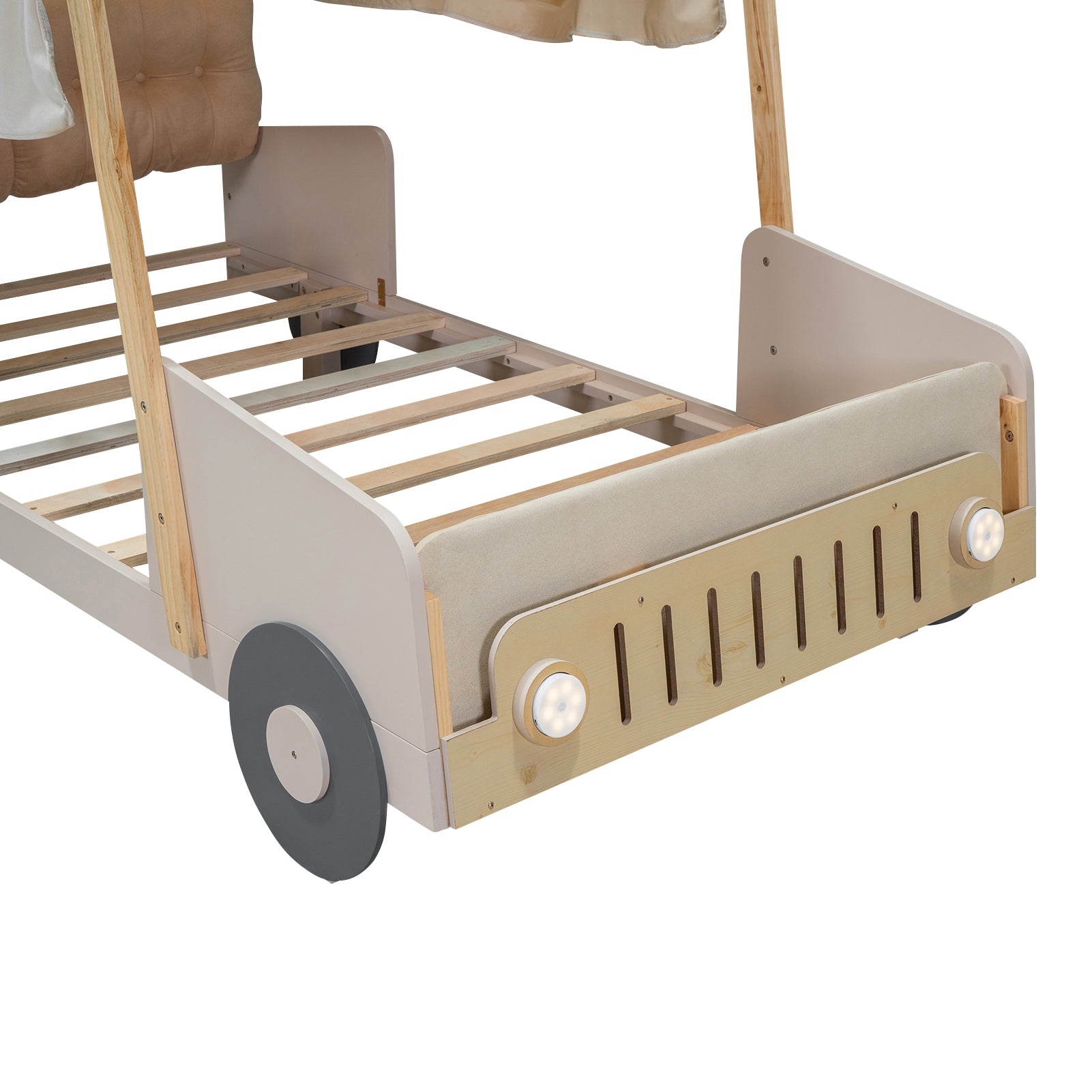 Wood Twin Size Car Bed with Pillow, Ceiling Cloth and LED, Natural - Atlantic Fine Furniture Melbourne FL