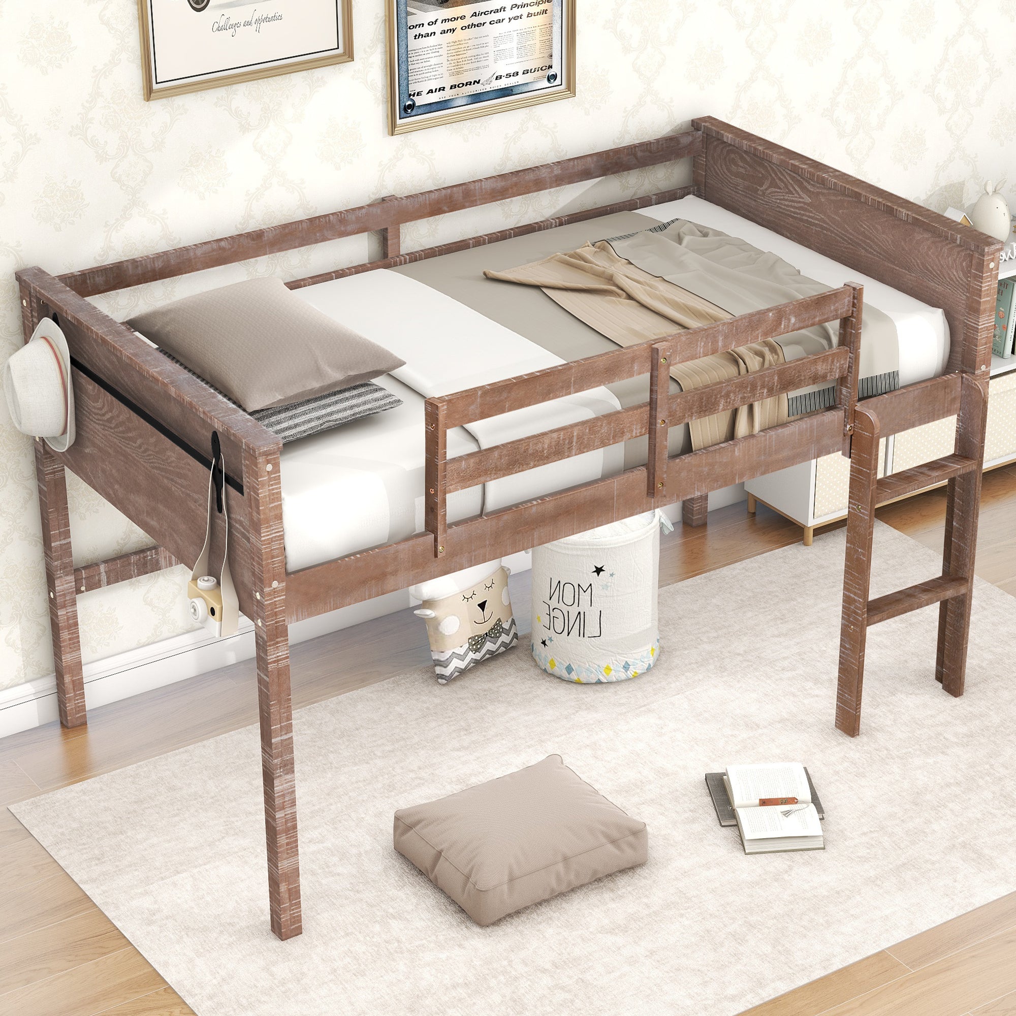 Wood Twin Size Loft Bed with Hanging Clothes Racks, White Rustic Natural - Atlantic Fine Furniture Melbourne FL