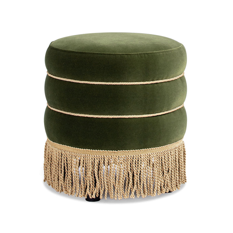 Edward - Round Upholstered Ottoman With Bullion Fringe - Olive Green