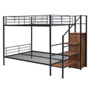 Full Over Full Metal Bunk Bed with Lateral Storage Ladder and Wardrobe, Black