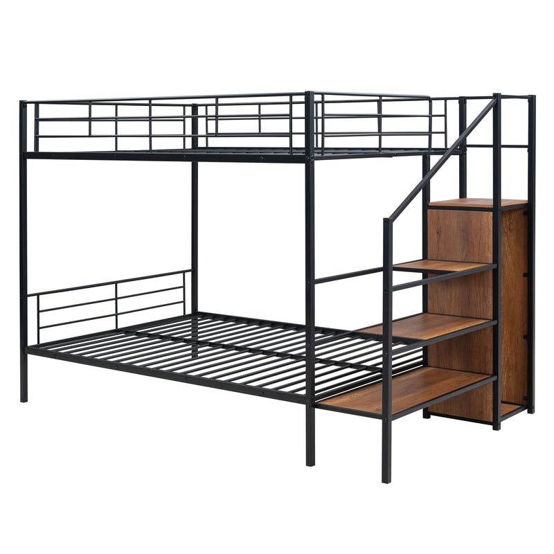 Full Over Full Metal Bunk Bed with Lateral Storage Ladder and Wardrobe, Black