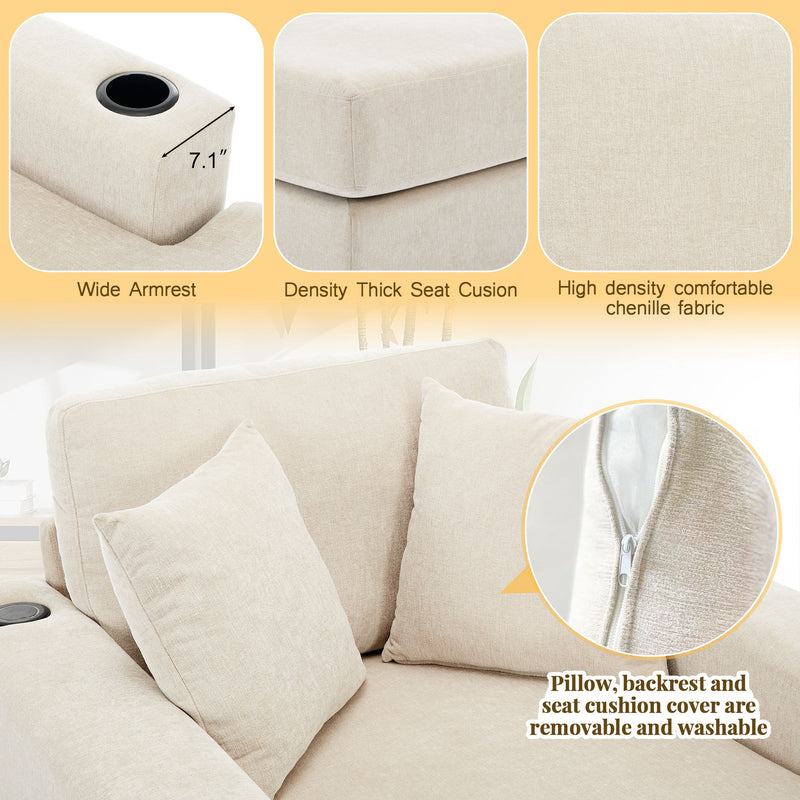 Oversized Chaise Lounger Modern Style Sofa Couch, With Pillows, Charge Station & Cup Holders