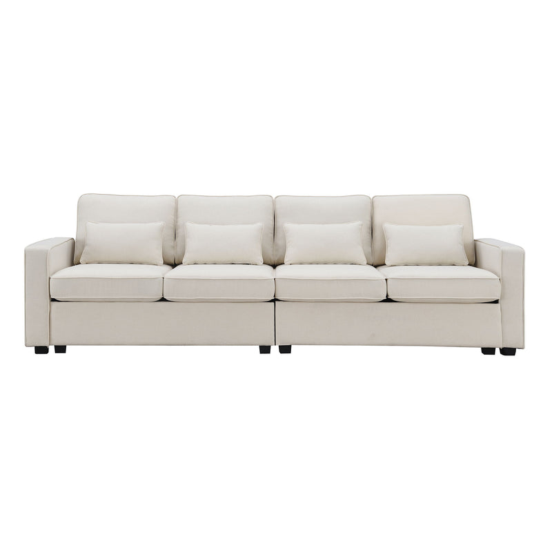 4 Seater Modern Linen Sofa With Armrest Pockets And 4 Pillows, Minimalist Style Couch For Living Room