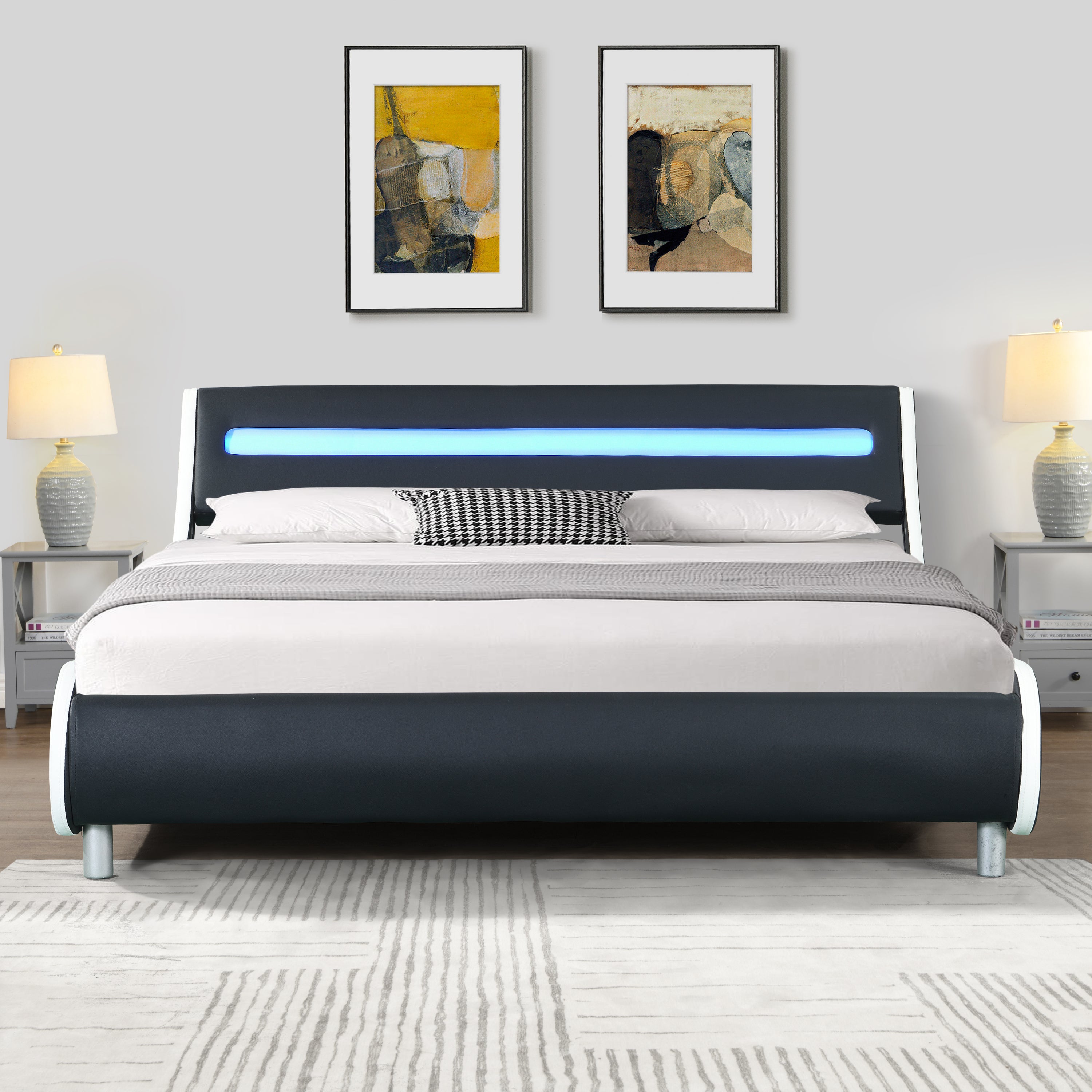 Faux Leather Upholstered Platform Bed Frame with led lighting , Curve Design, Wood Slat Support, No Box Spring Needed, Easy Assemble, Queen Size, Black and White - Atlantic Fine Furniture Melbourne FL