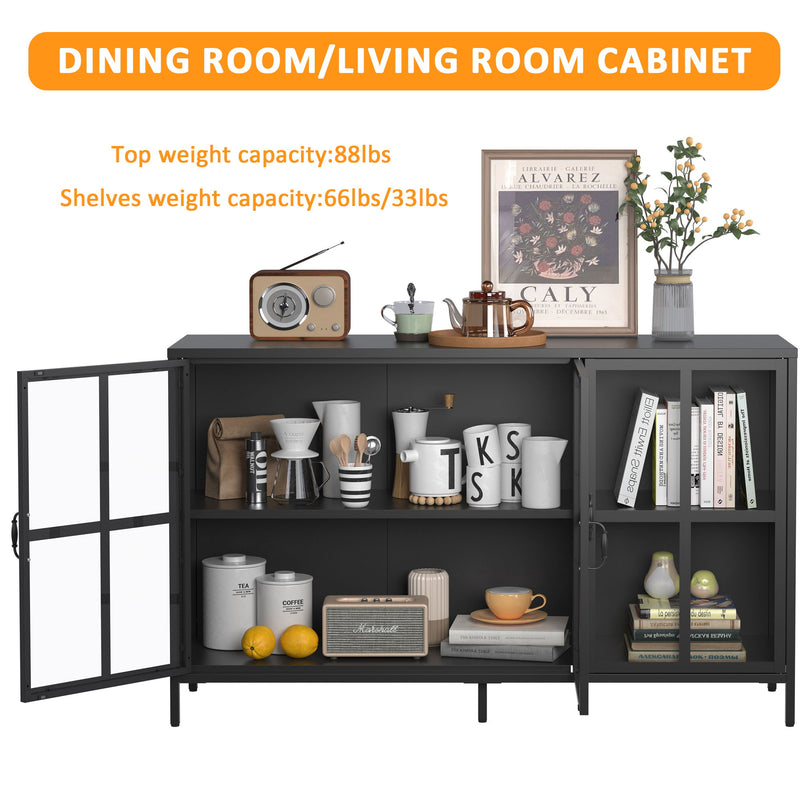 Modern Heavy Duty Metal Sideboard Buffet Cabinet With Storage, Adjustable Feet, Glass Doors, Steel - Black