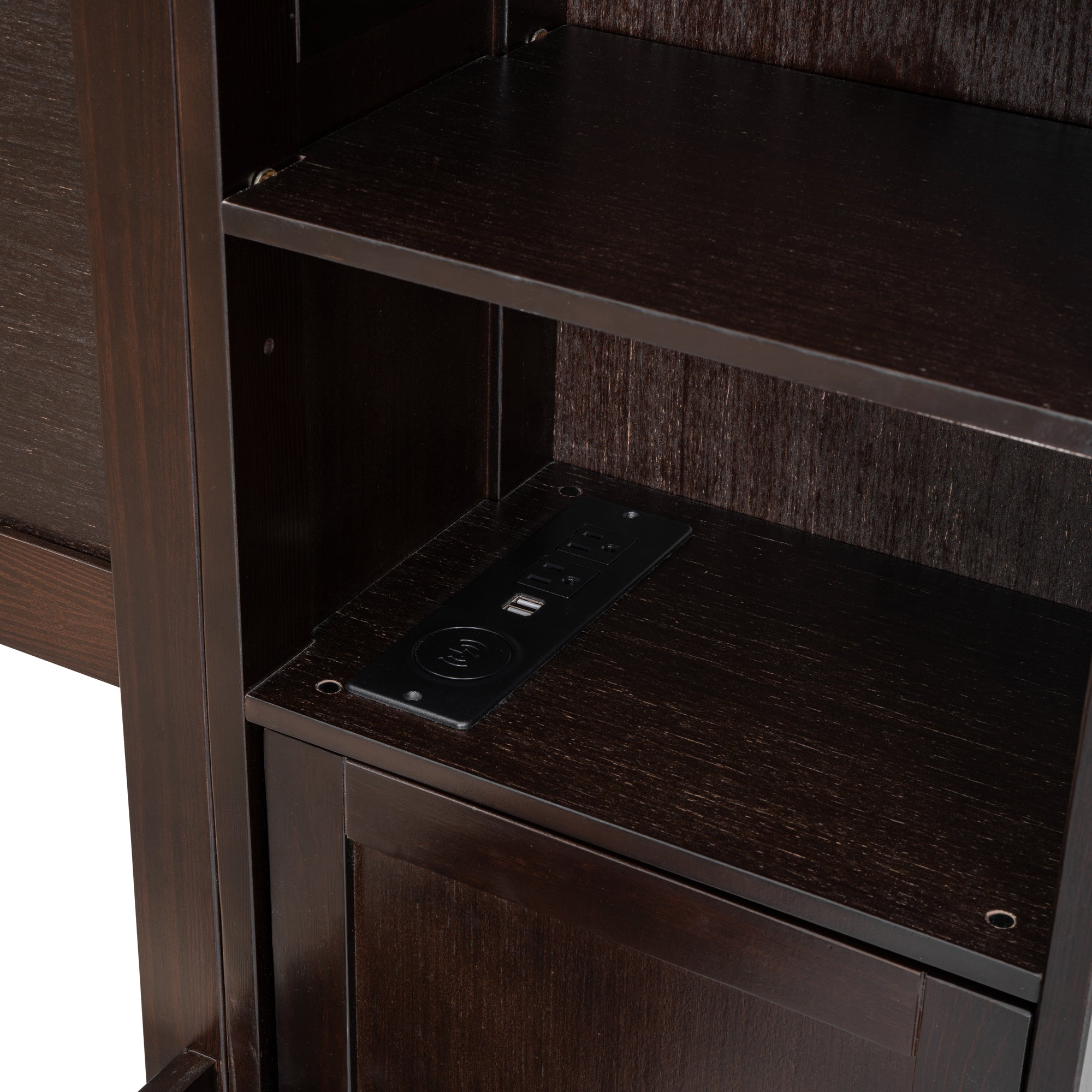 Queen Size Wooden Bed With All-in-One Cabinet, Shelf and Sockets, Espresso - Atlantic Fine Furniture Melbourne FL