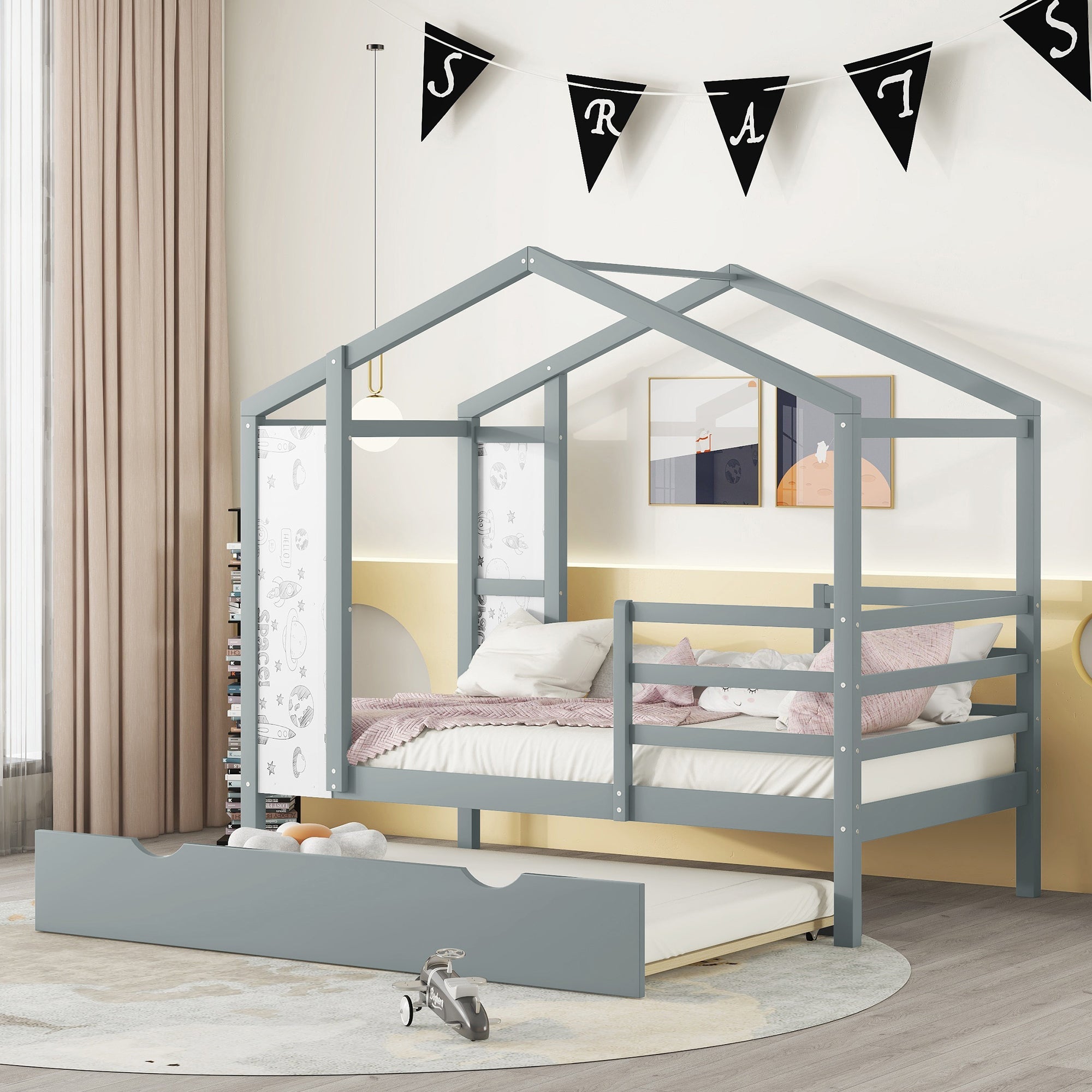 Twin Size Wood House Bed with Fence and Writing Board, Gray - Atlantic Fine Furniture Melbourne FL