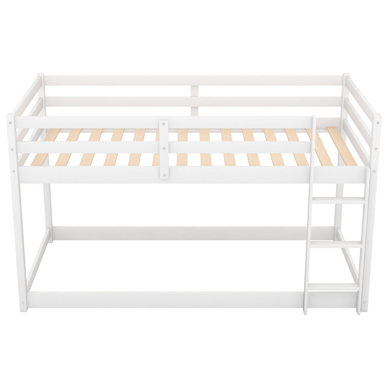 Twin over Twin Floor Bunk Bed with Ladder , White(Old SKU:WF281727AAK/WF286602AAK)