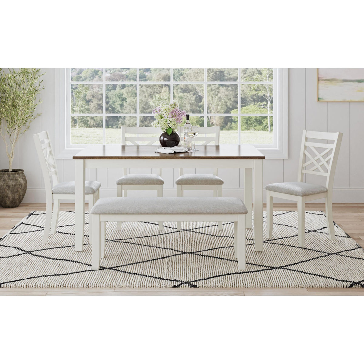 Brooks 6 Piece Dining Set With Table, 4 Wood Back And Upholstered Seat Chairs, And Bench in Black by Elements International, view 12