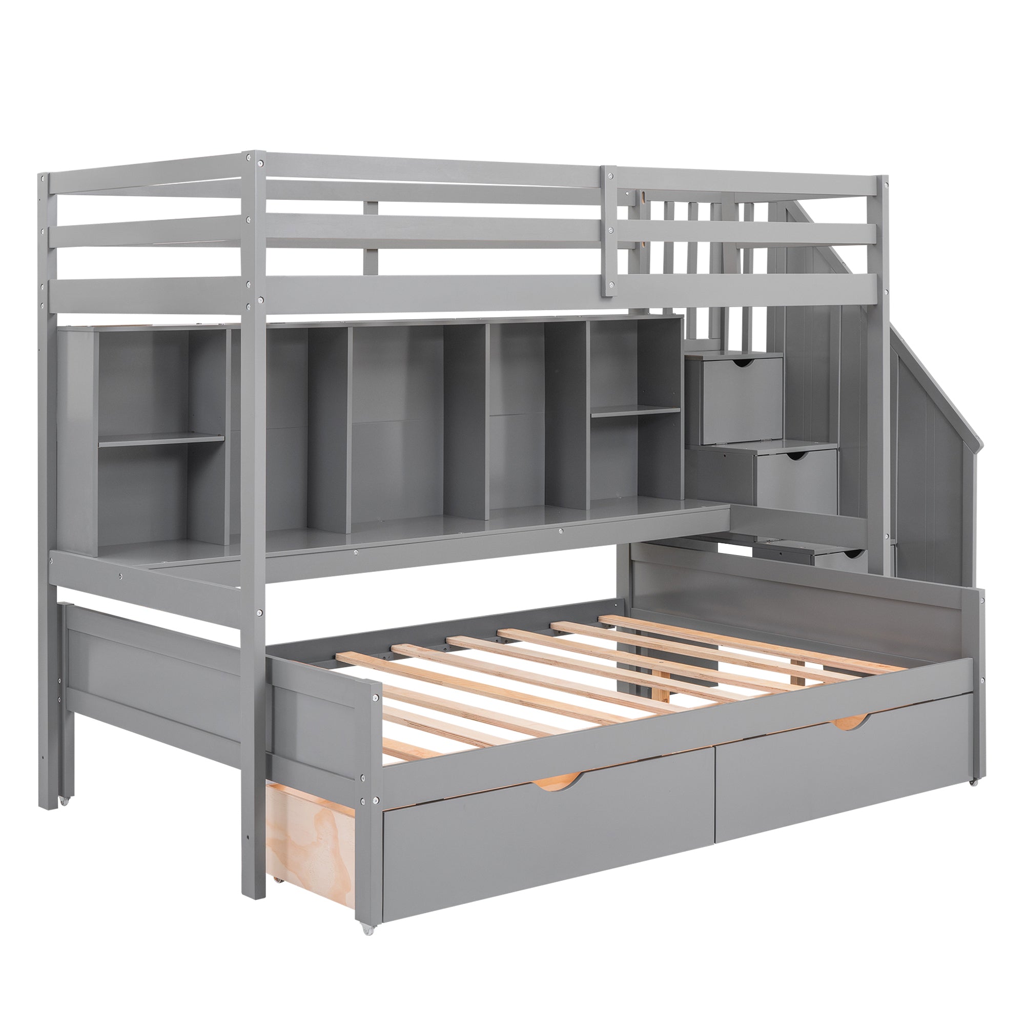Twin XL over Full Bunk Bed with Built-in Storage Shelves, Drawers and Staircase,Gray - Atlantic Fine Furniture Melbourne FL