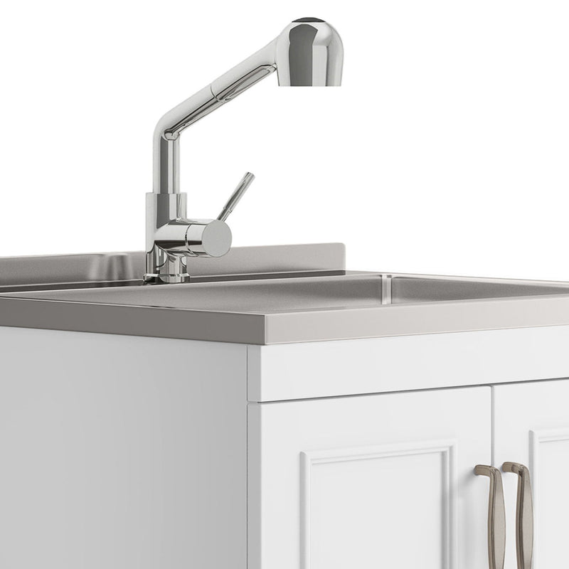 Laundry Cabinet With Faucet And Stainless Steel Sink - White