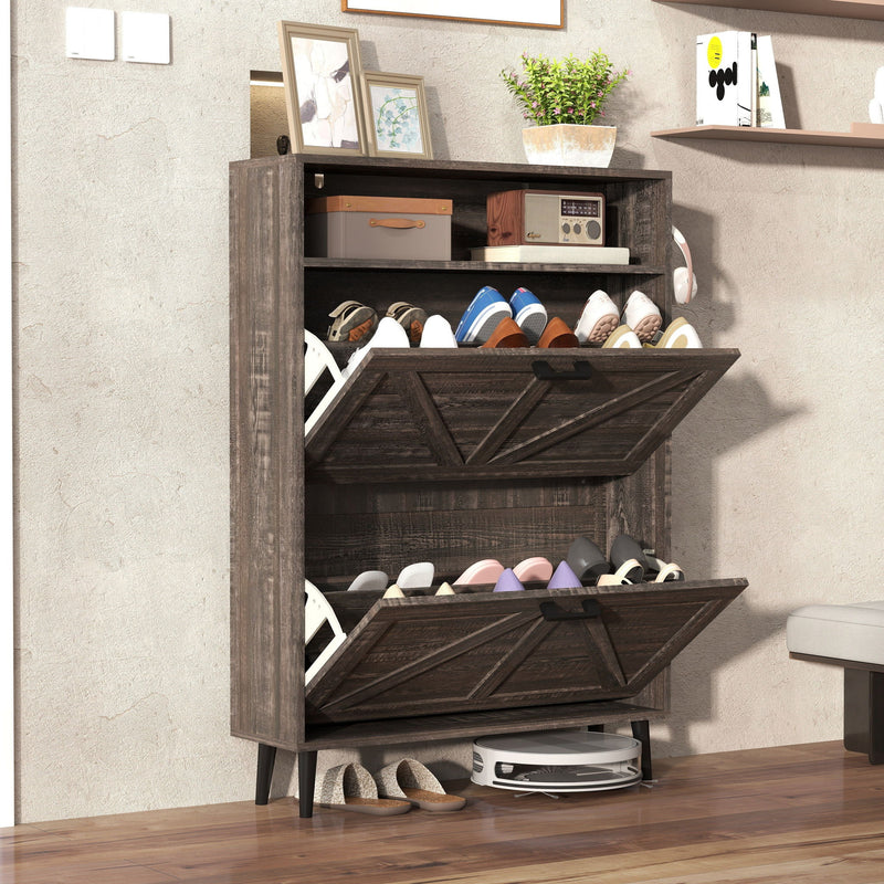 Farmhouse Shoe Storage Cabinet With Barn Door Design, 2 Flip Drawers, Hooks - Dark Oak