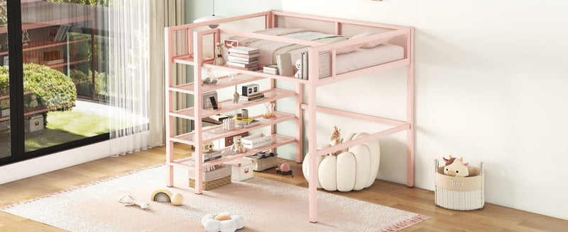 Loft Bed With 4 Tier Shelves And Storage